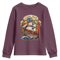 Cape Ann Vintage Nautical Sailing Ship Graphic Youth Sweatshirt Retro Stained Glass Window Style Ocean Sunset Tall Ship