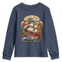 Cape Ann Vintage Nautical Sailing Ship Graphic Youth Sweatshirt Retro Stained Glass Window Style Ocean Sunset Tall Ship