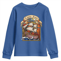 Cape Ann Vintage Nautical Sailing Ship Graphic Youth Sweatshirt Retro Stained Glass Window Style Ocean Sunset Tall Ship