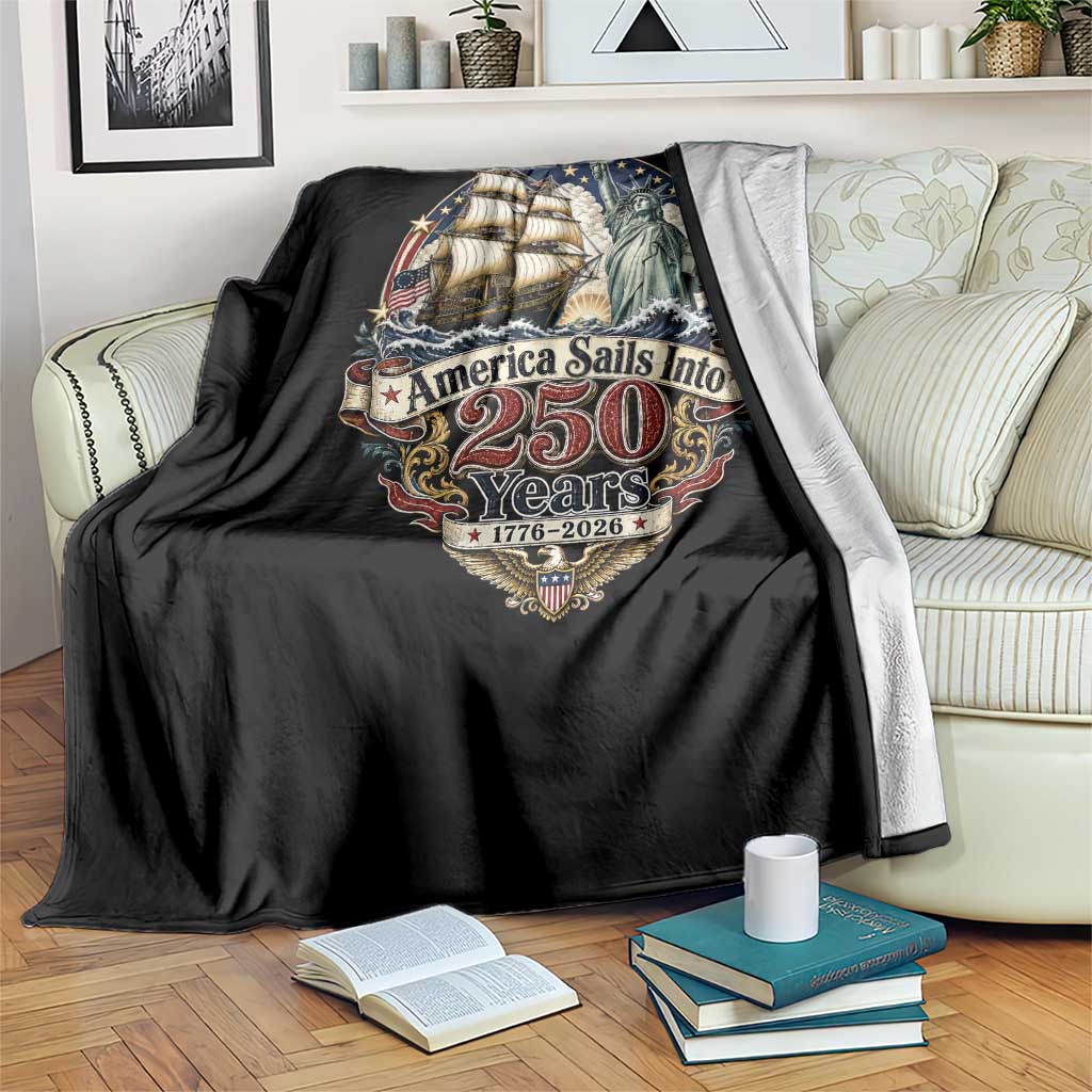 America Sails Into 250 Years Vintage Nautical Graphic Throw Blanket Statue of Liberty Tall Ship 1776 to 2026 Semiquincentennial Patriotic