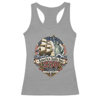 America Sails Into 250 Years Vintage Nautical Graphic Racerback Tank Top Statue of Liberty Tall Ship 1776 to 2026 Semiquincentennial Patriotic