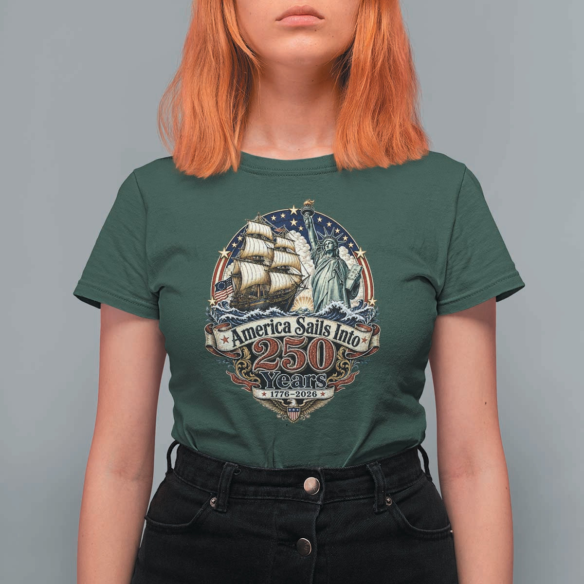 America Sails Into 250 Years Vintage Nautical Graphic T Shirt For Women Statue of Liberty Tall Ship 1776 to 2026 Semiquincentennial Patriotic