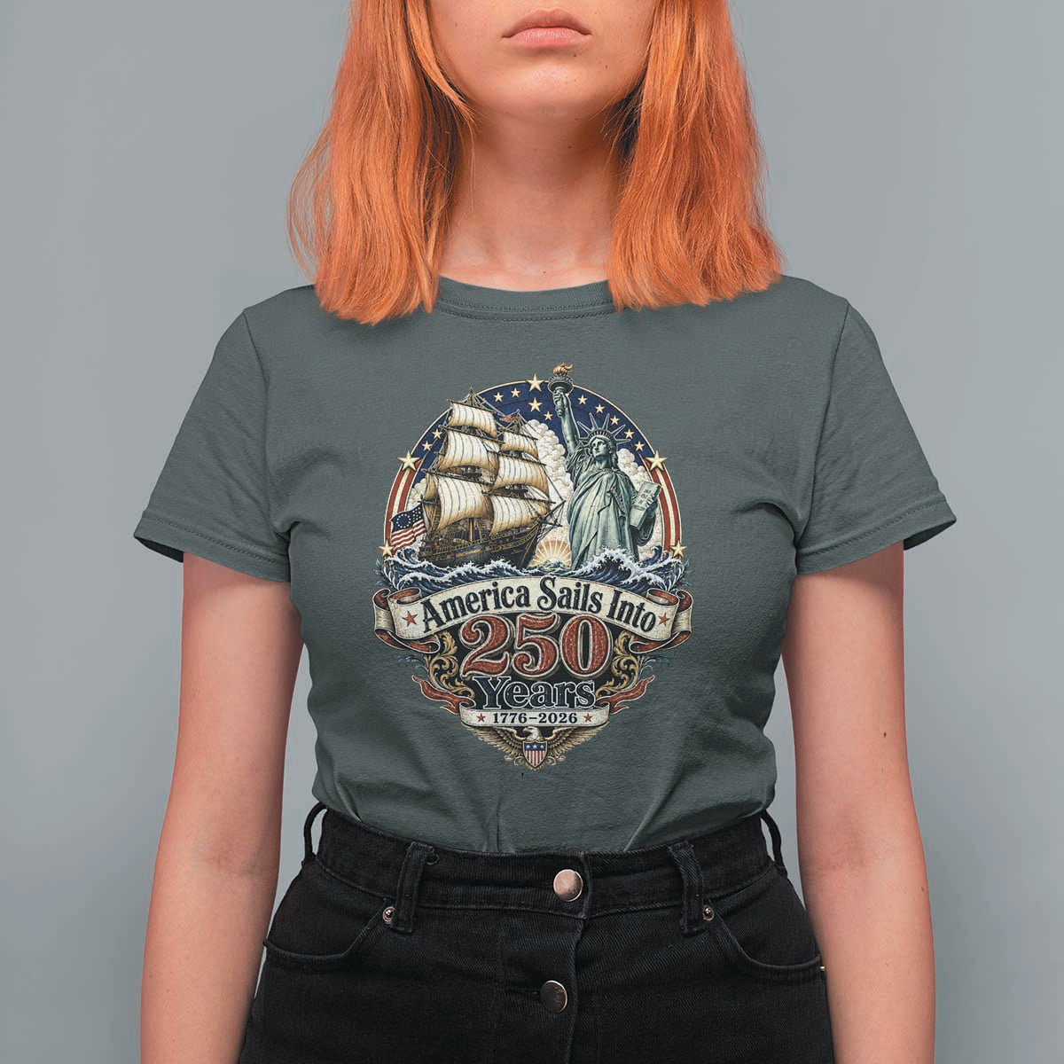 America Sails Into 250 Years Vintage Nautical Graphic T Shirt For Women Statue of Liberty Tall Ship 1776 to 2026 Semiquincentennial Patriotic