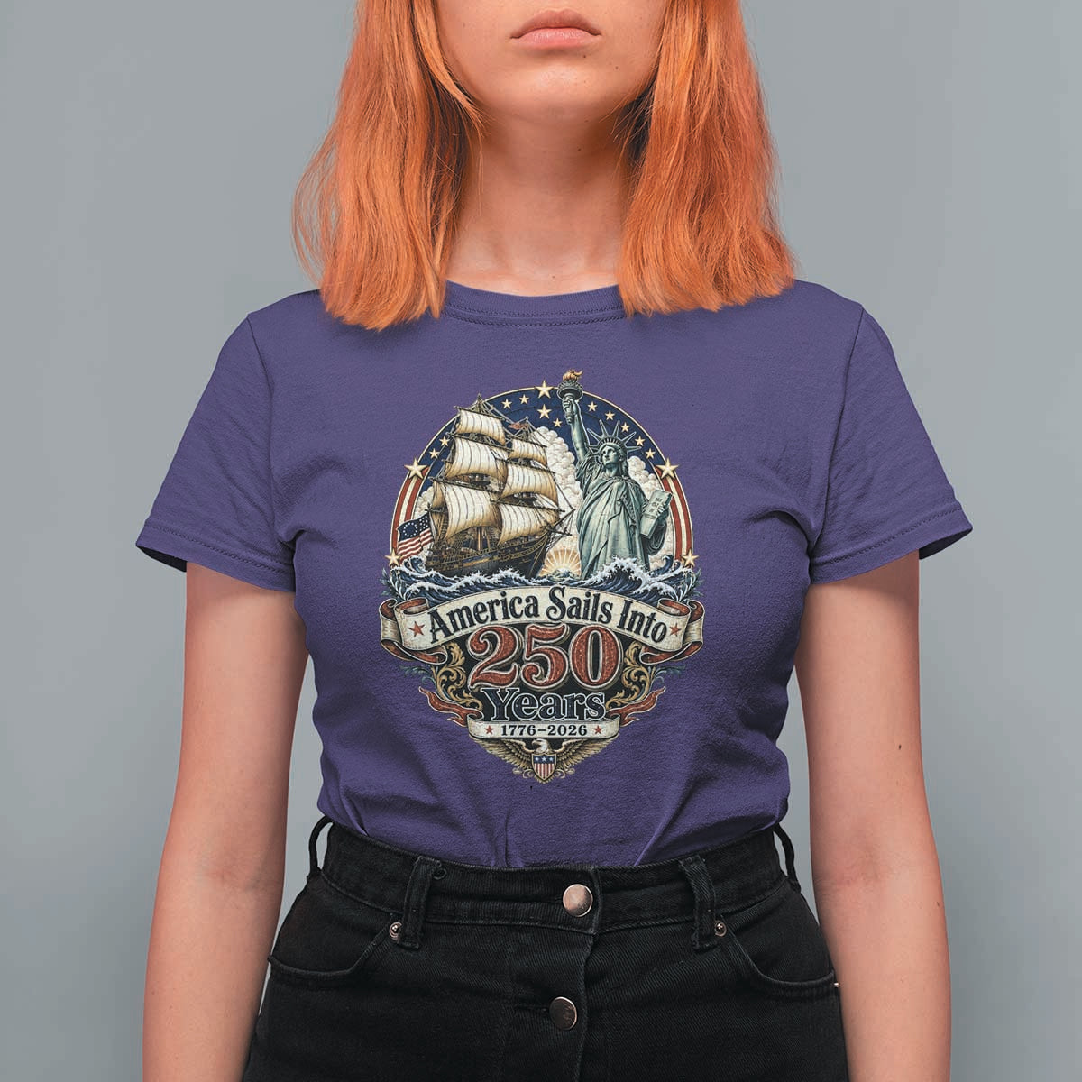 America Sails Into 250 Years Vintage Nautical Graphic T Shirt For Women Statue of Liberty Tall Ship 1776 to 2026 Semiquincentennial Patriotic