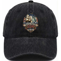 America Sails Into 250 Years Vintage Nautical Graphic Washed Cotton Baseball Cap Statue of Liberty Tall Ship 1776 to 2026 Semiquincentennial Patriotic