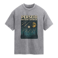 Vintage Perseid Meteor Shower Observer Washed Cotton T-Shirt Retro Celestial Stargazing Graphic