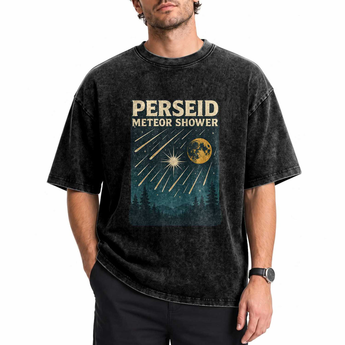 Vintage Perseid Meteor Shower Observer Washed Cotton T-Shirt Retro Celestial Stargazing Graphic