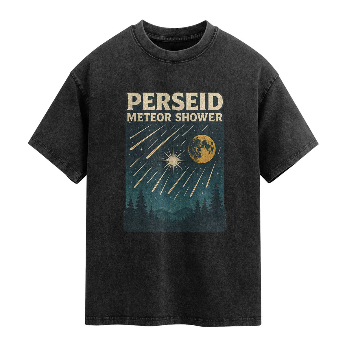 Vintage Perseid Meteor Shower Observer Washed Cotton T-Shirt Retro Celestial Stargazing Graphic