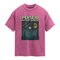Vintage Perseid Meteor Shower Observer Washed Cotton T-Shirt Retro Celestial Stargazing Graphic