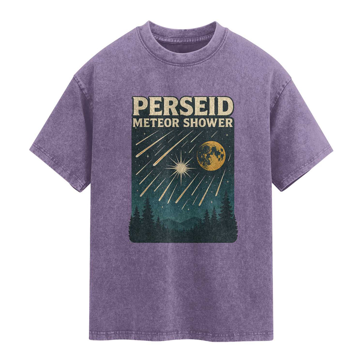 Vintage Perseid Meteor Shower Observer Washed Cotton T-Shirt Retro Celestial Stargazing Graphic