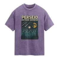 Vintage Perseid Meteor Shower Observer Washed Cotton T-Shirt Retro Celestial Stargazing Graphic