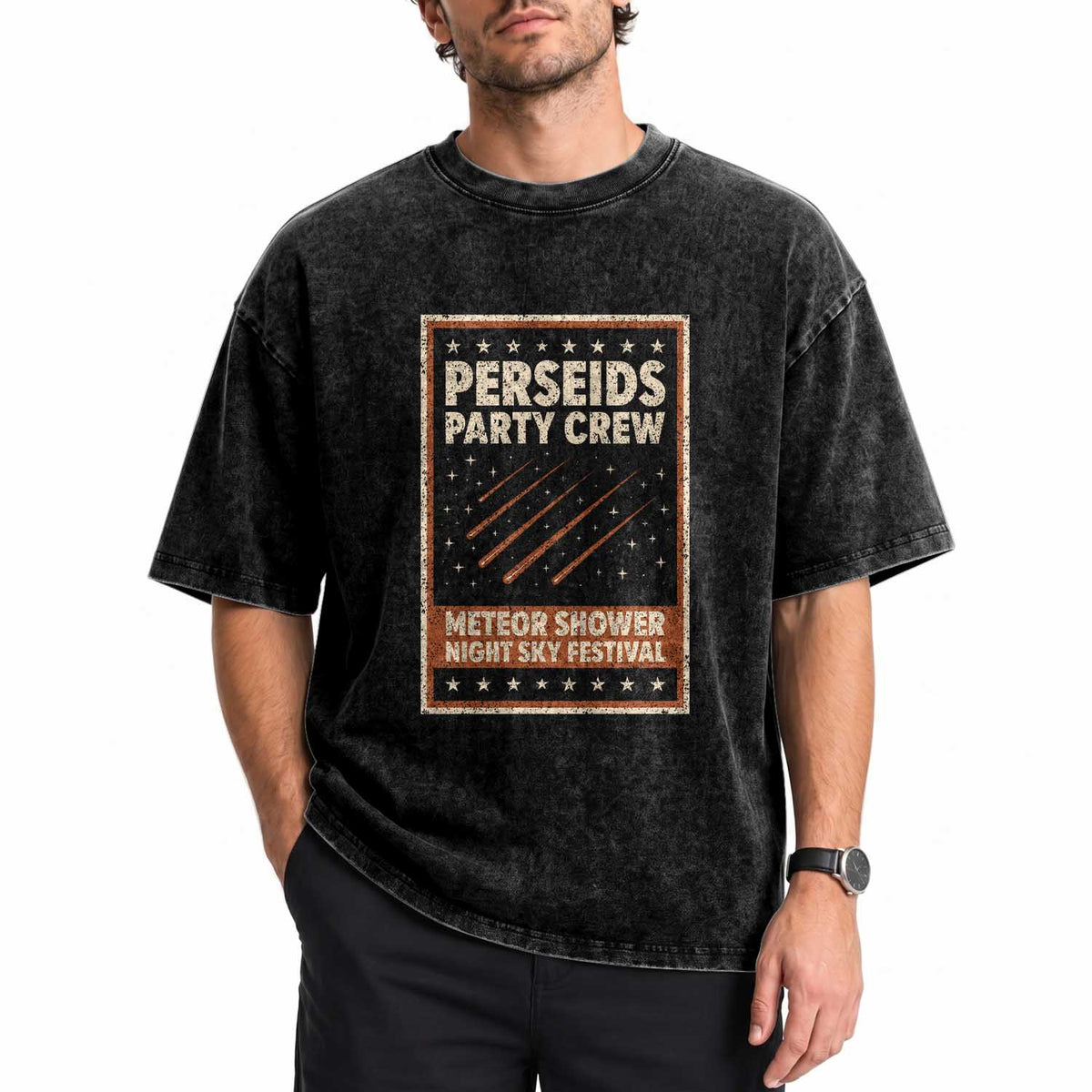 Vintage Perseids Party Crew August 2026 Washed Cotton T-Shirt Annual Night Sky Festival Graphic
