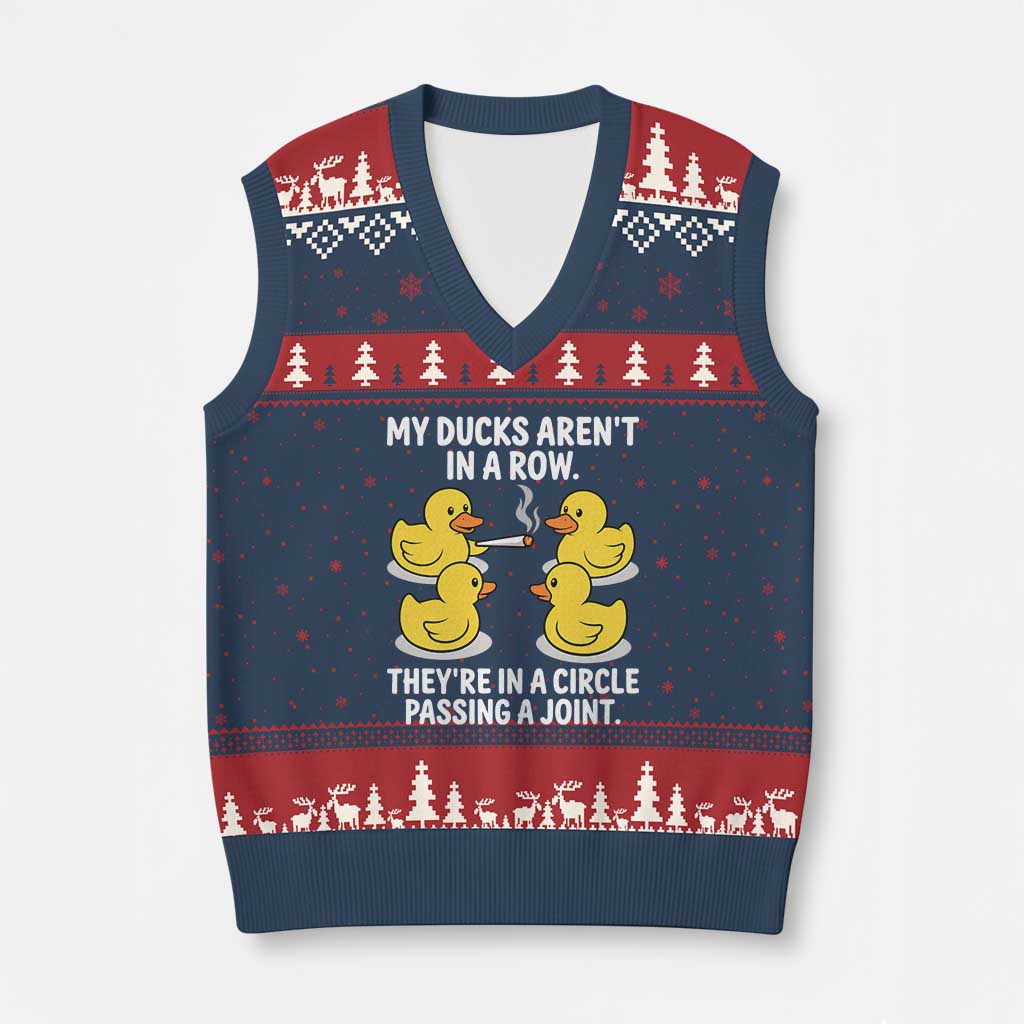 Funny 420 Weed Rubber Duck Graphic V-Neck Knit Sweater Vest My Ducks Arent In A Row They Are In A Circle Passing A Joint