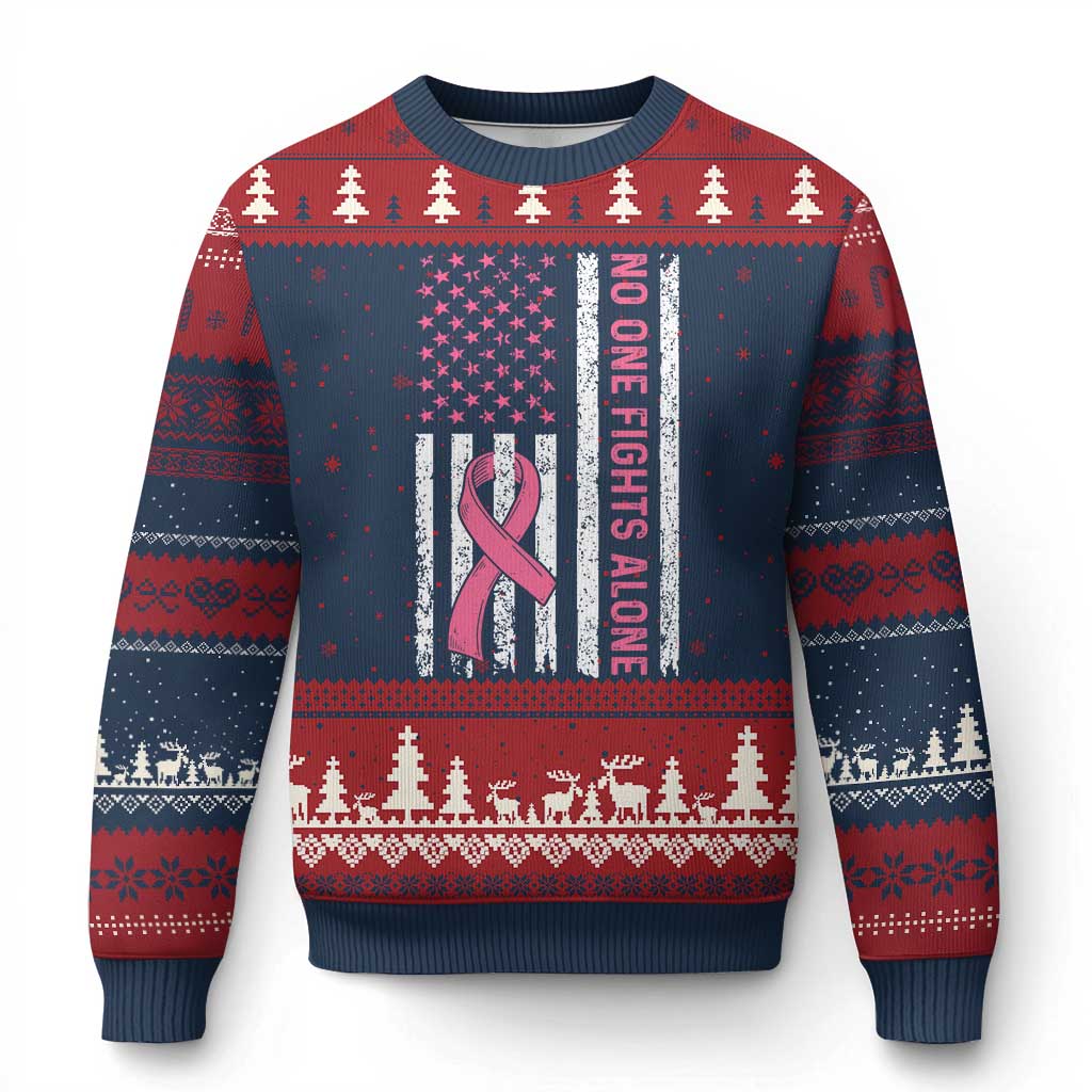 Nobody Fights Alone Pink Ribbon Flag Ugly Christmas Sweater Breast Cancer Awareness Support - Wonder Print Shop