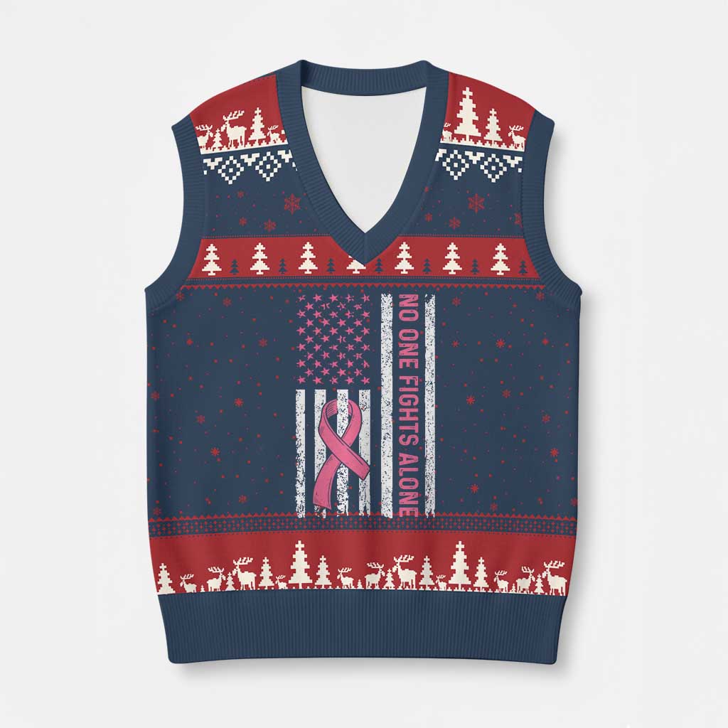 Nobody Fights Alone Pink Ribbon Flag V-Neck Knit Sweater Vest Breast Cancer Awareness Support - Wonder Print Shop