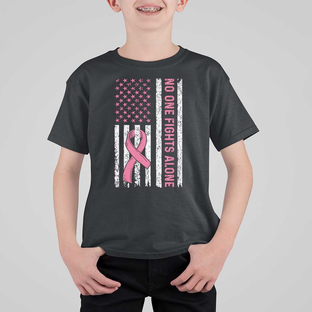 Nobody Fights Alone Pink Ribbon Flag T Shirt For Kid Breast Cancer Awareness Support - Wonder Print Shop