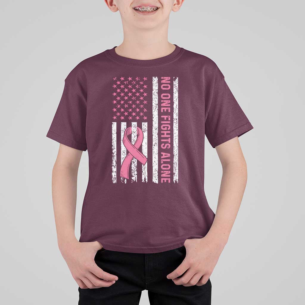Nobody Fights Alone Pink Ribbon Flag T Shirt For Kid Breast Cancer Awareness Support - Wonder Print Shop
