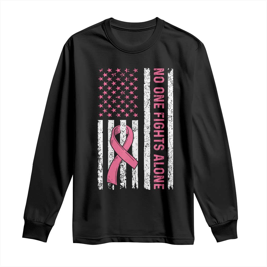 Nobody Fights Alone Pink Ribbon Flag Long Sleeve Shirt Breast Cancer Awareness Support - Wonder Print Shop