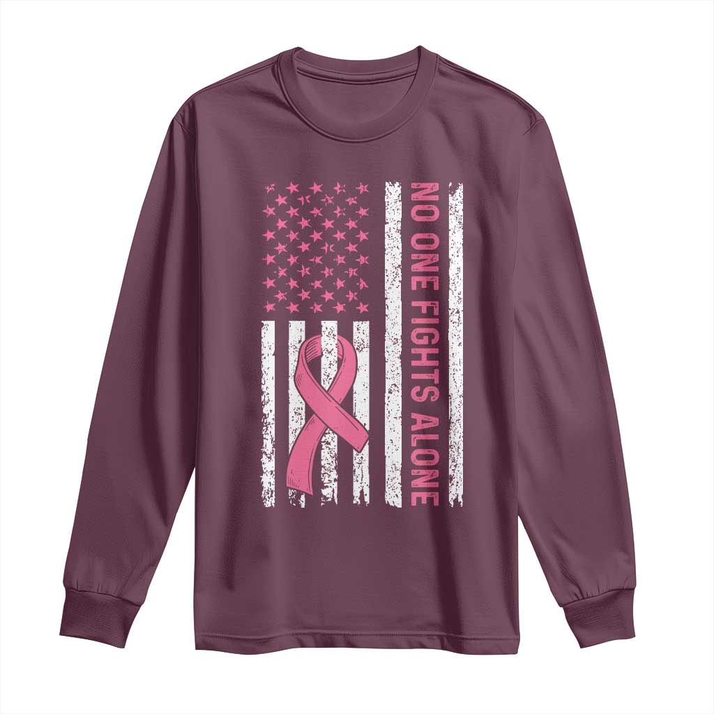 Nobody Fights Alone Pink Ribbon Flag Long Sleeve Shirt Breast Cancer Awareness Support - Wonder Print Shop