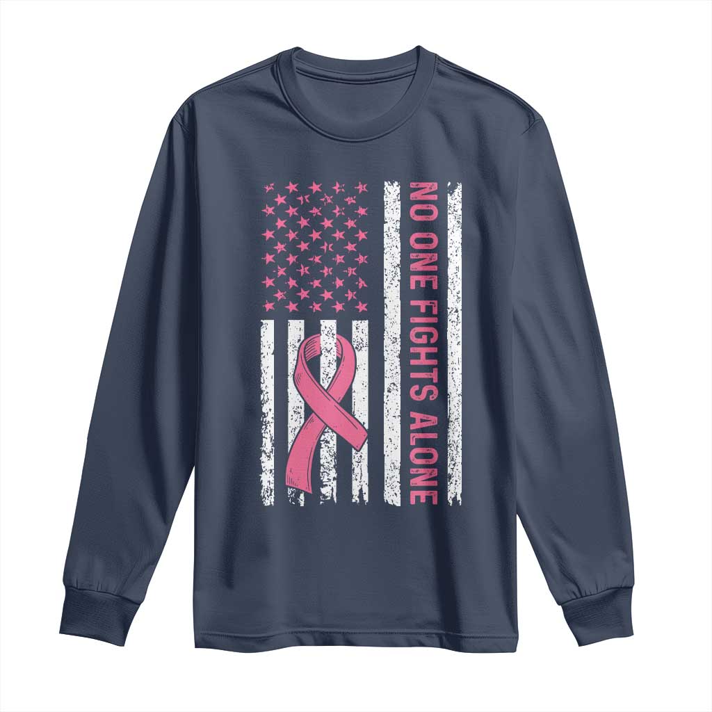 Nobody Fights Alone Pink Ribbon Flag Long Sleeve Shirt Breast Cancer Awareness Support - Wonder Print Shop