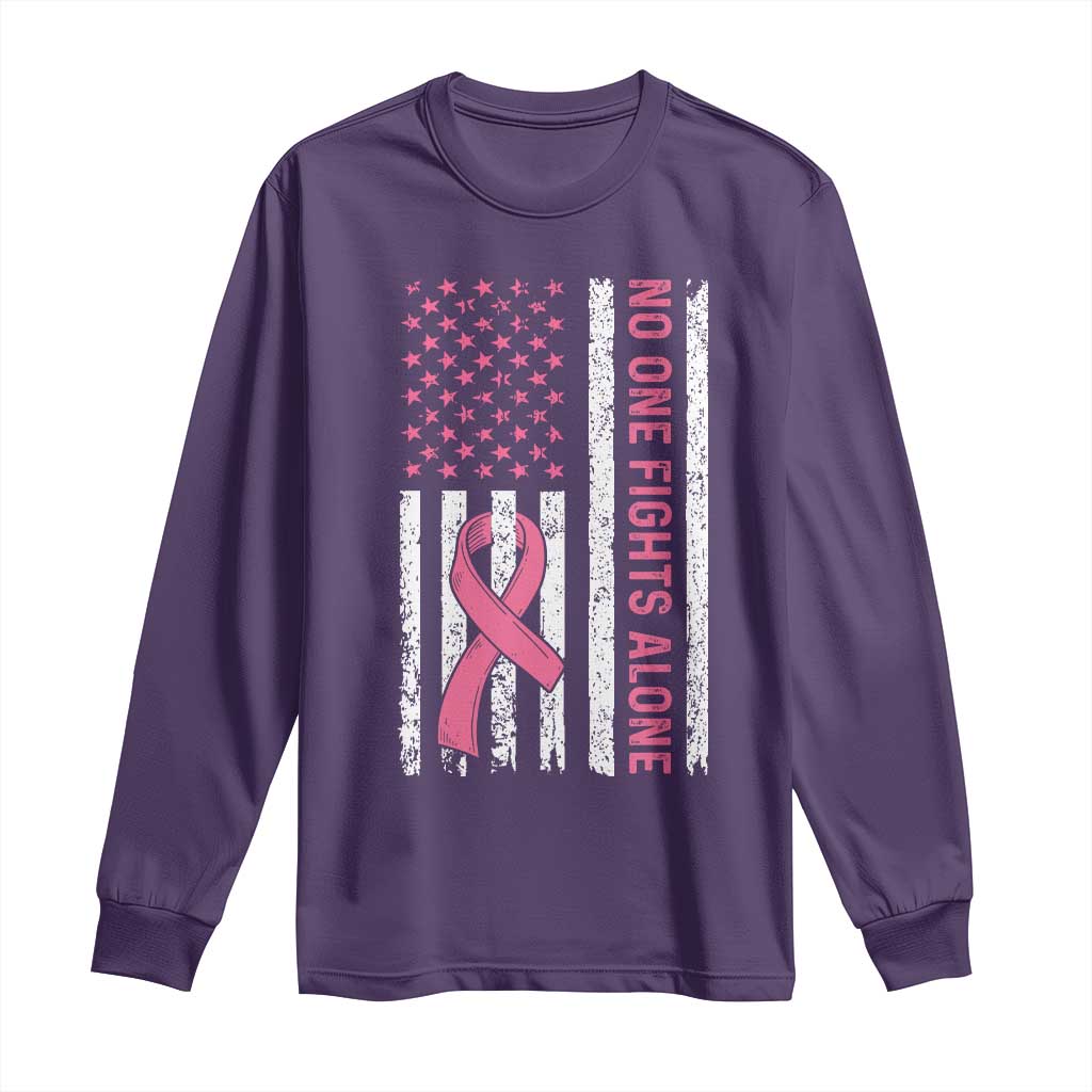 Nobody Fights Alone Pink Ribbon Flag Long Sleeve Shirt Breast Cancer Awareness Support - Wonder Print Shop