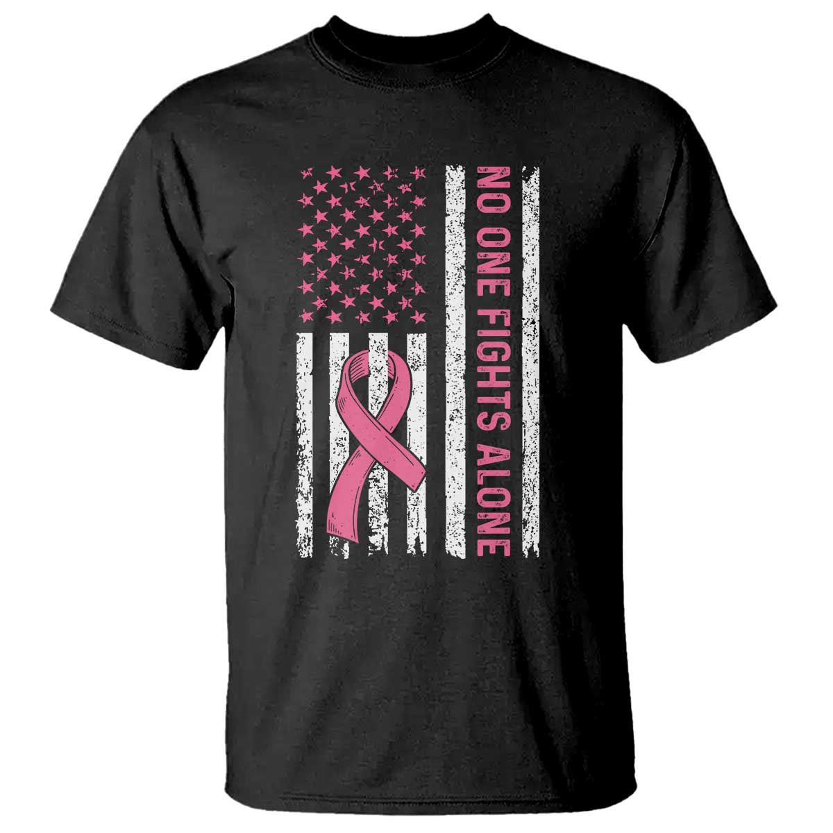 Nobody Fights Alone Pink Ribbon Flag T Shirt Breast Cancer Awareness Support - Wonder Print Shop