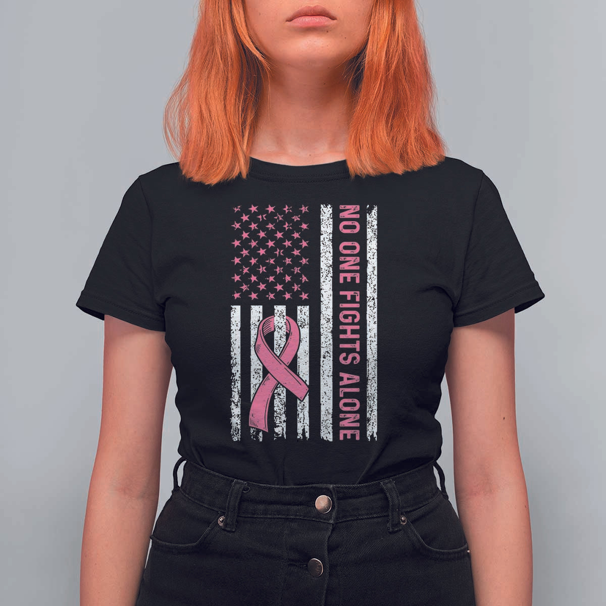 Nobody Fights Alone Pink Ribbon Flag T Shirt For Women Breast Cancer Awareness Support - Wonder Print Shop