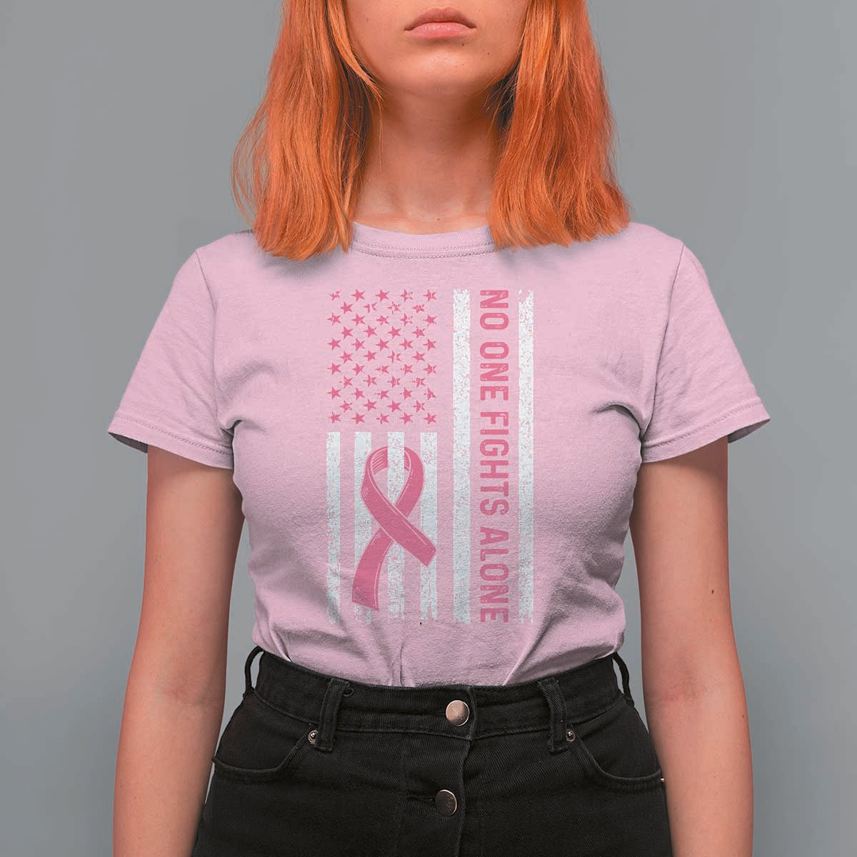 Nobody Fights Alone Pink Ribbon Flag T Shirt For Women Breast Cancer Awareness Support - Wonder Print Shop