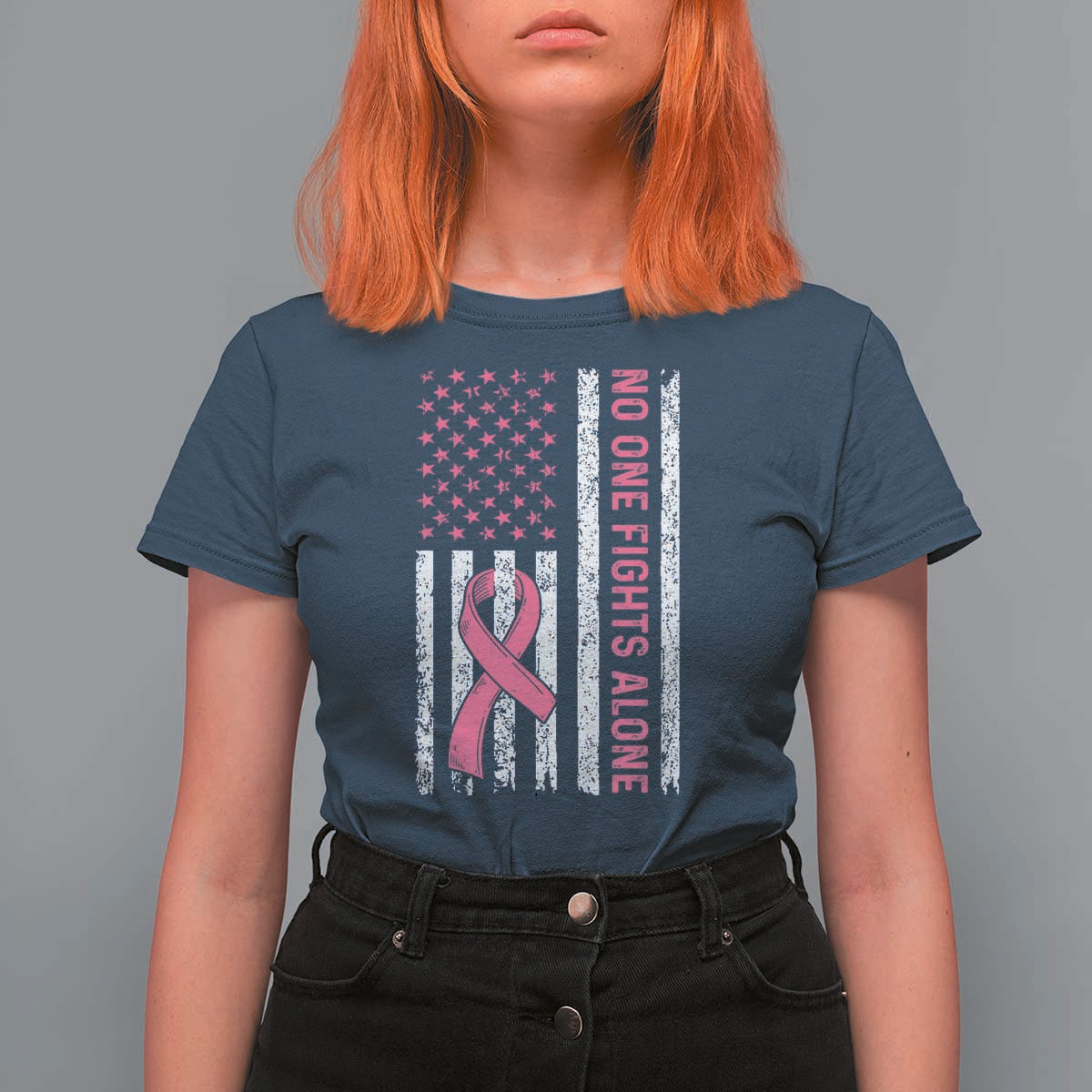 Nobody Fights Alone Pink Ribbon Flag T Shirt For Women Breast Cancer Awareness Support - Wonder Print Shop