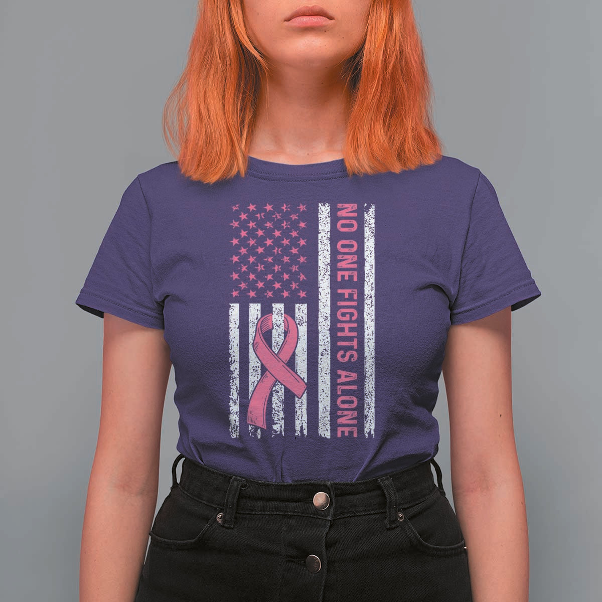 Nobody Fights Alone Pink Ribbon Flag T Shirt For Women Breast Cancer Awareness Support - Wonder Print Shop