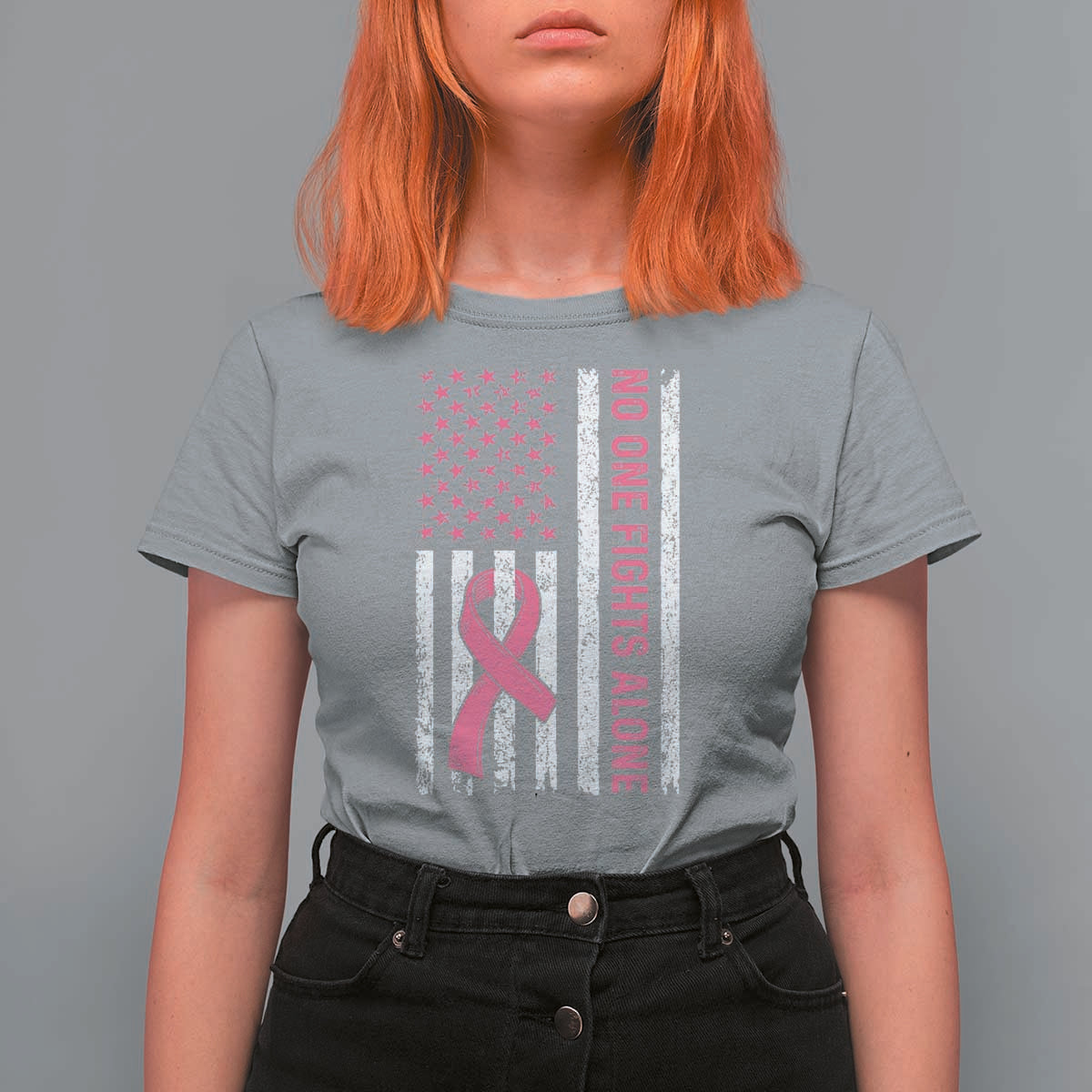 Nobody Fights Alone Pink Ribbon Flag T Shirt For Women Breast Cancer Awareness Support - Wonder Print Shop