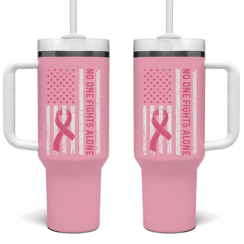 Nobody Fights Alone Pink Ribbon Flag Tumbler With Handle Breast Cancer Awareness Support - Wonder Print Shop