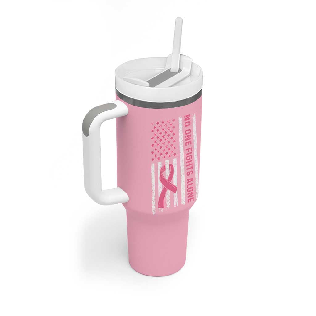 Nobody Fights Alone Pink Ribbon Flag Tumbler With Handle Breast Cancer Awareness Support - Wonder Print Shop