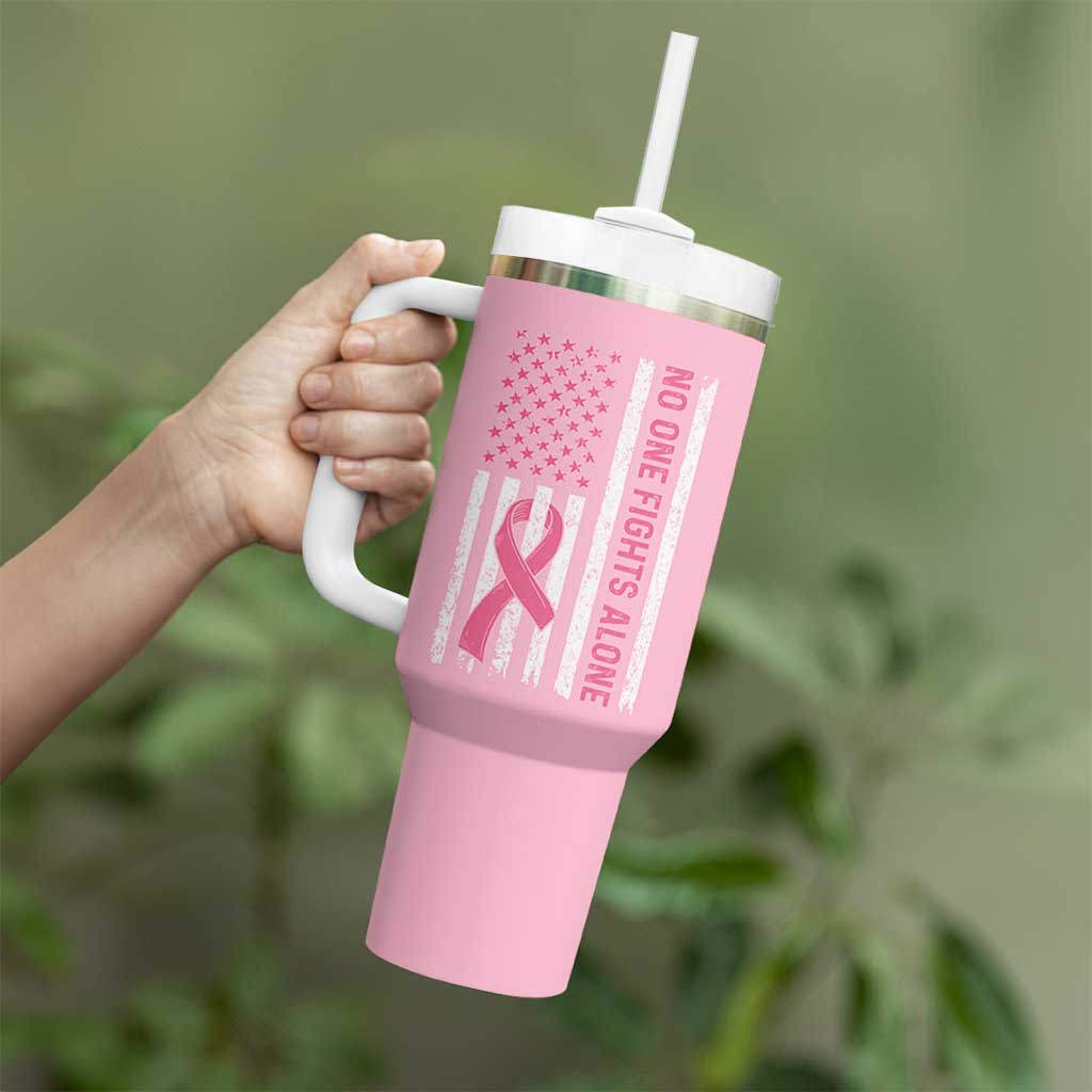 Nobody Fights Alone Pink Ribbon Flag Tumbler With Handle Breast Cancer Awareness Support - Wonder Print Shop