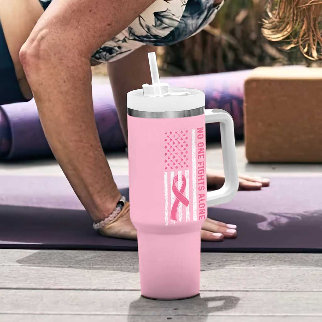 Nobody Fights Alone Pink Ribbon Flag Tumbler With Handle Breast Cancer Awareness Support - Wonder Print Shop