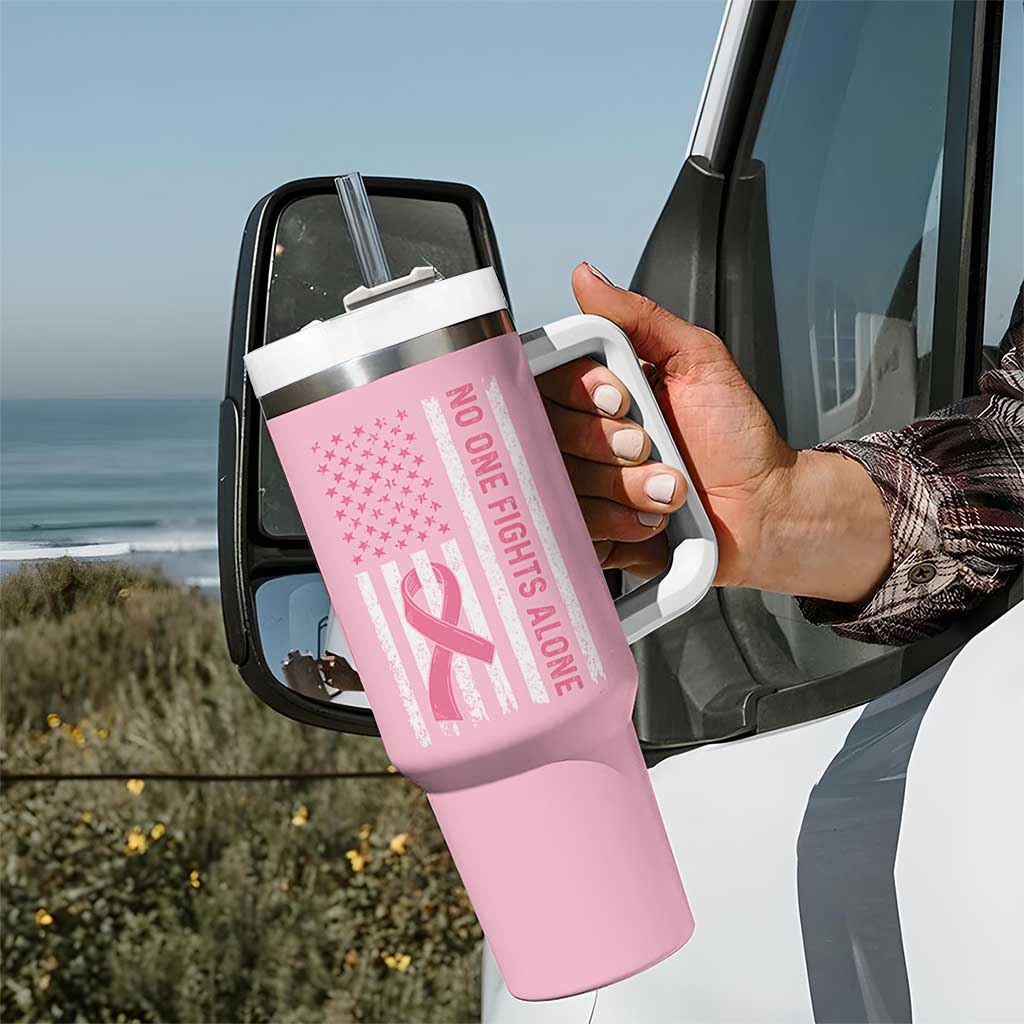 Nobody Fights Alone Pink Ribbon Flag Tumbler With Handle Breast Cancer Awareness Support - Wonder Print Shop