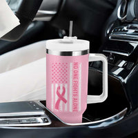 Nobody Fights Alone Pink Ribbon Flag Tumbler With Handle Breast Cancer Awareness Support - Wonder Print Shop