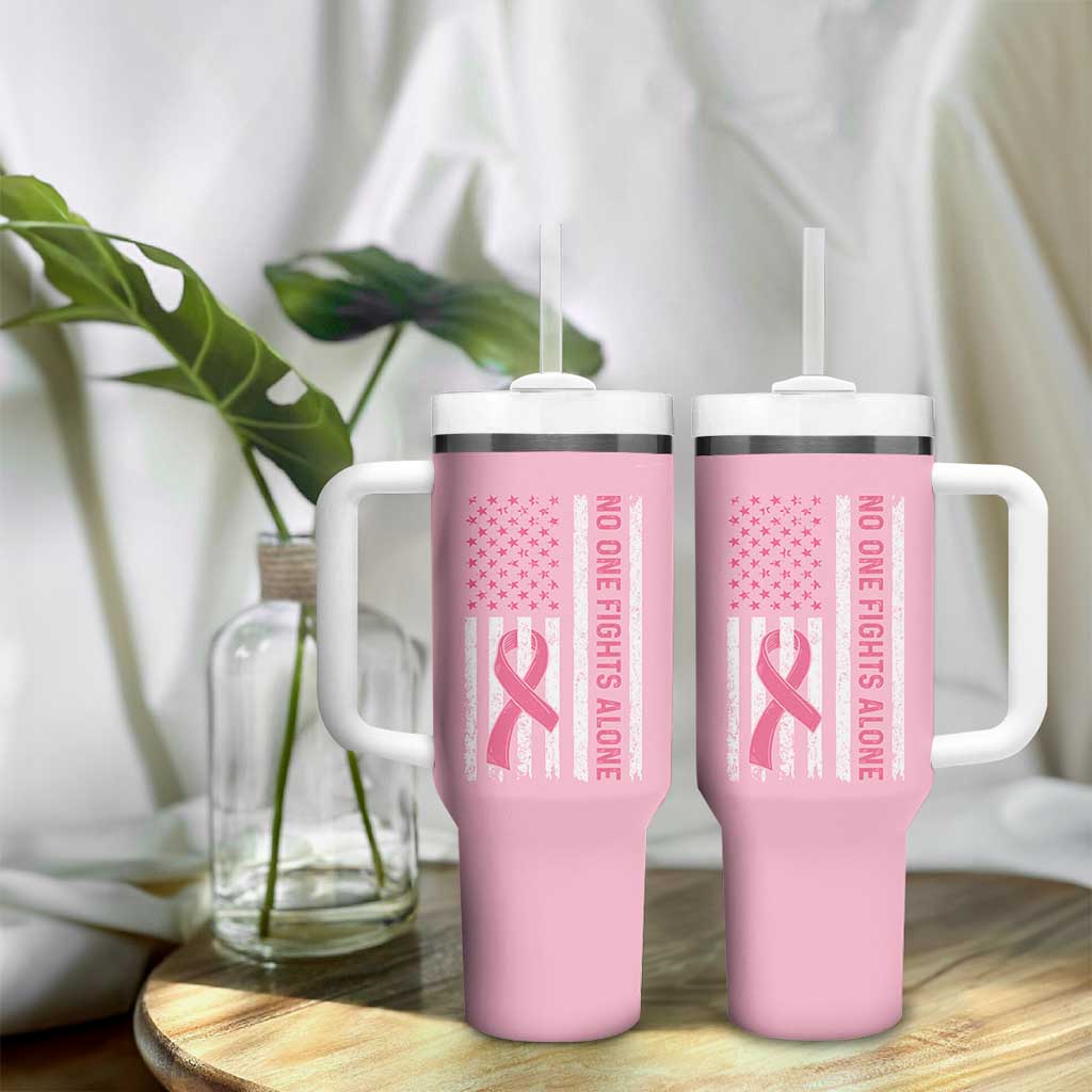 Nobody Fights Alone Pink Ribbon Flag Tumbler With Handle Breast Cancer Awareness Support - Wonder Print Shop