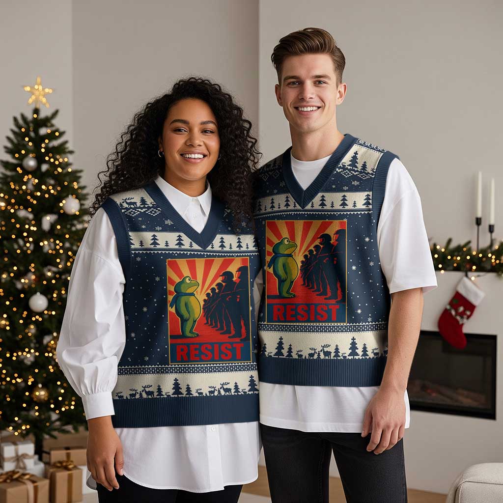 Frog Resist V-Neck Knit Sweater Vest Free Portland Oregon Poster Graphic Freedom Fighters - Wonder Print Shop