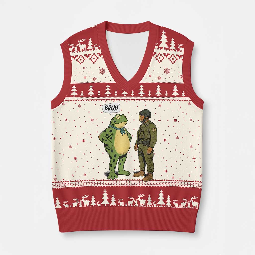 Funny Frog Bruh Resist Meme V-Neck Knit Sweater Vest Free Portland Oregon Political Satire - Wonder Print Shop