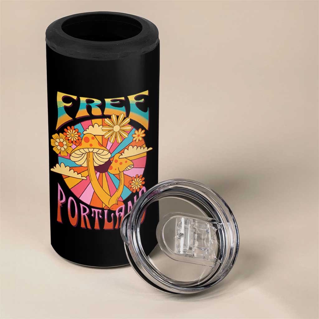 Retro Free Portland Patriotic 4 in 1 Can Cooler Tumbler Oregon Freedom Trippy 70s Mushroom Graphic - Wonder Print Shop
