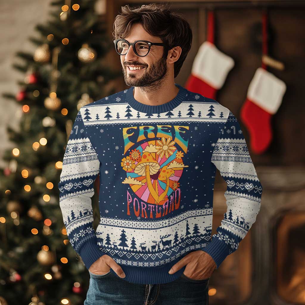 Retro Free Portland Patriotic Ugly Christmas Sweater Oregon Freedom Trippy 70s Mushroom Graphic - Wonder Print Shop