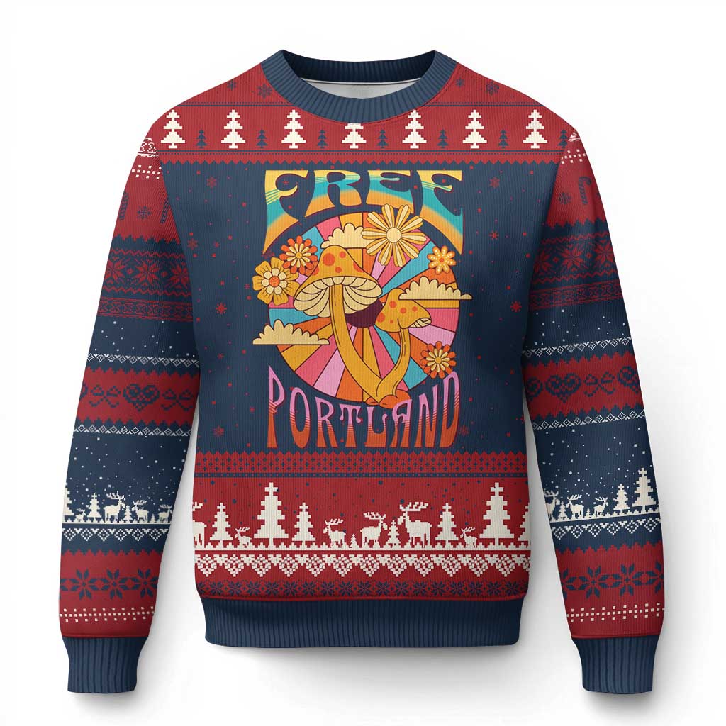 Retro Free Portland Patriotic Ugly Christmas Sweater Oregon Freedom Trippy 70s Mushroom Graphic - Wonder Print Shop