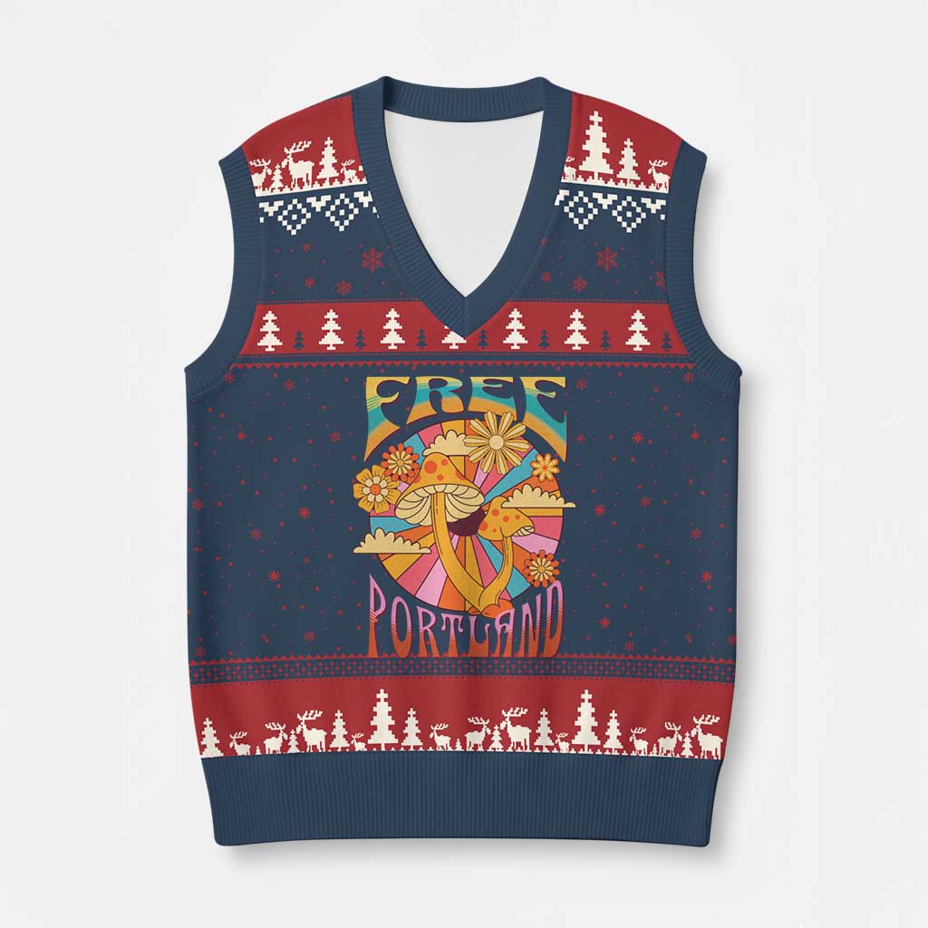 Retro Free Portland Patriotic V-Neck Knit Sweater Vest Oregon Freedom Trippy 70s Mushroom Graphic - Wonder Print Shop