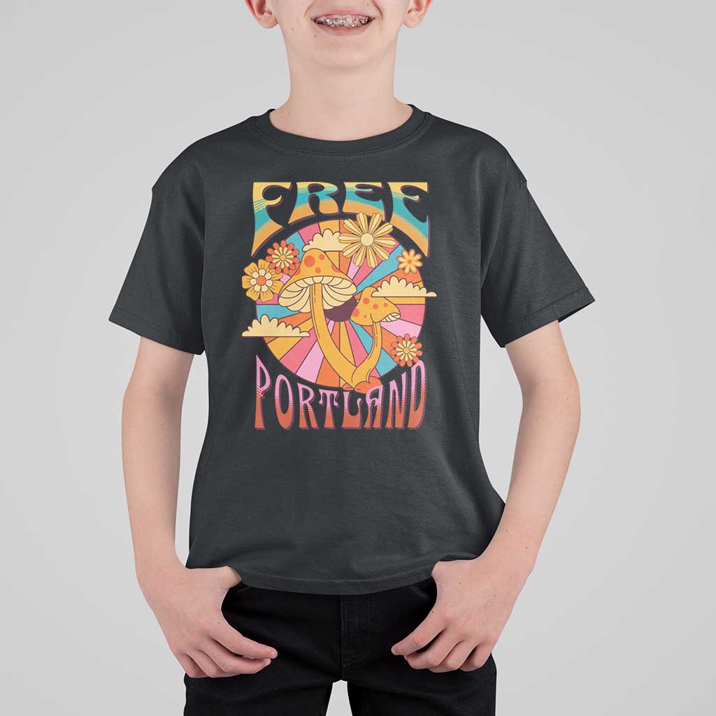 Retro Free Portland Patriotic T Shirt For Kid Oregon Freedom Trippy 70s Mushroom Graphic - Wonder Print Shop