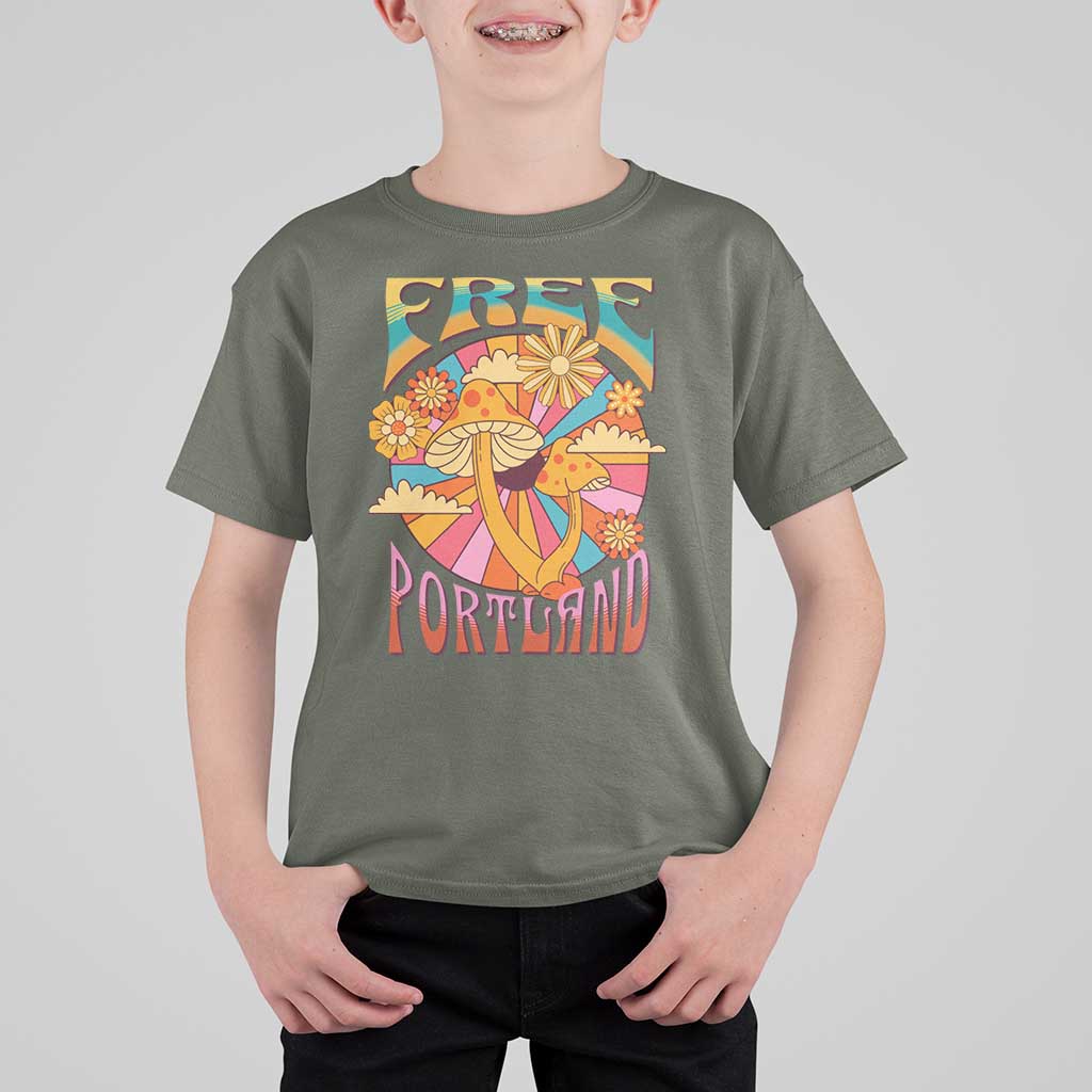 Retro Free Portland Patriotic T Shirt For Kid Oregon Freedom Trippy 70s Mushroom Graphic - Wonder Print Shop