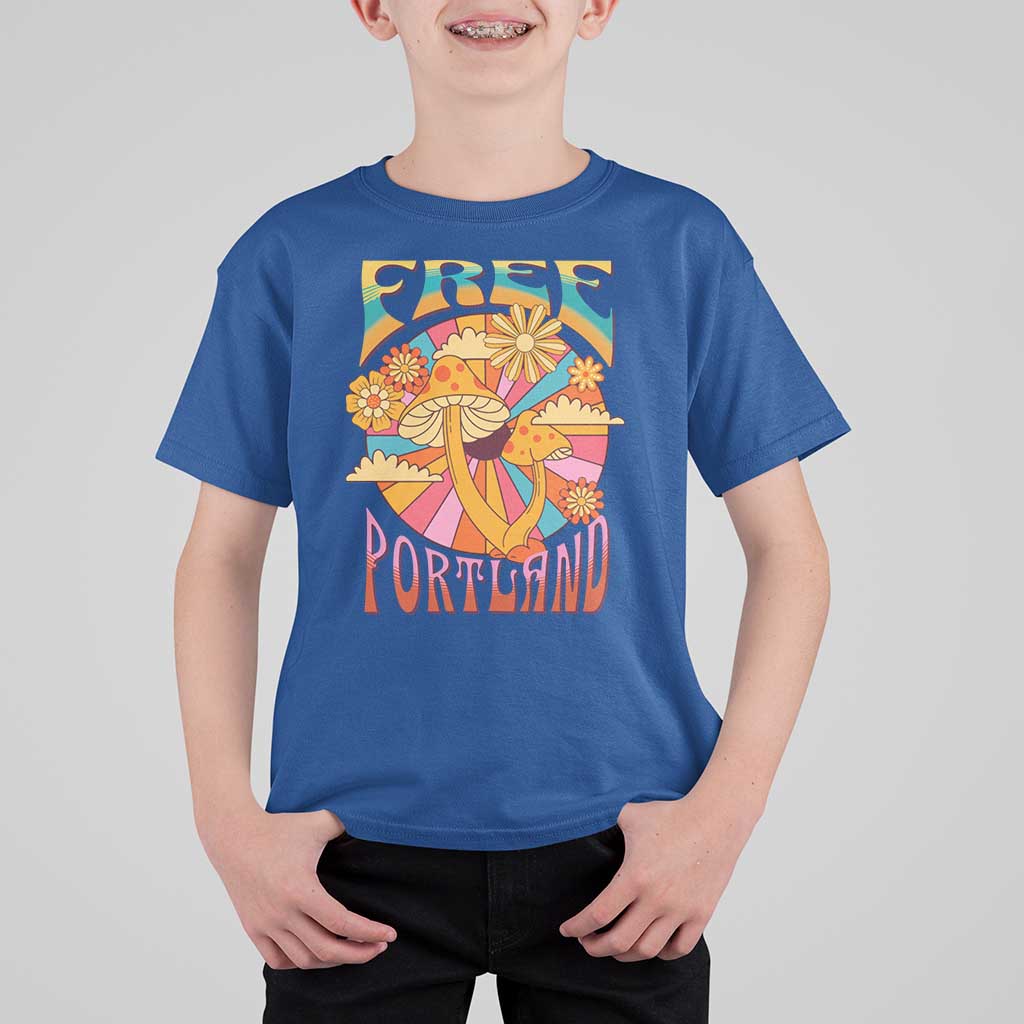 Retro Free Portland Patriotic T Shirt For Kid Oregon Freedom Trippy 70s Mushroom Graphic - Wonder Print Shop