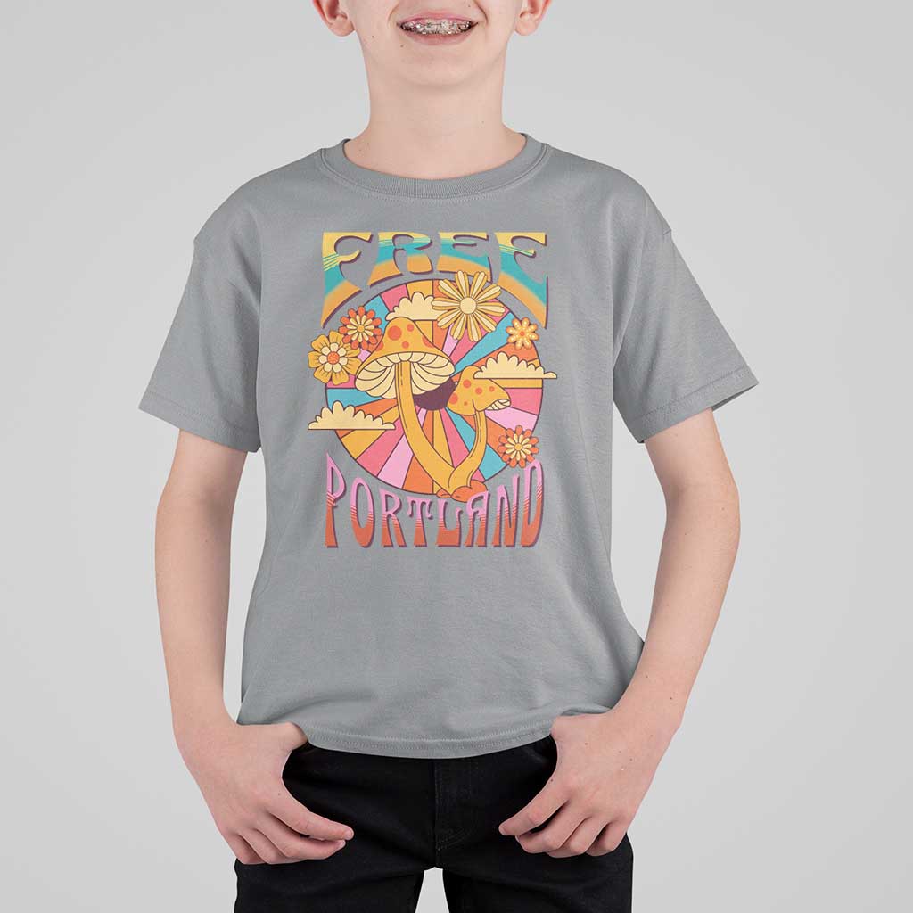 Retro Free Portland Patriotic T Shirt For Kid Oregon Freedom Trippy 70s Mushroom Graphic - Wonder Print Shop
