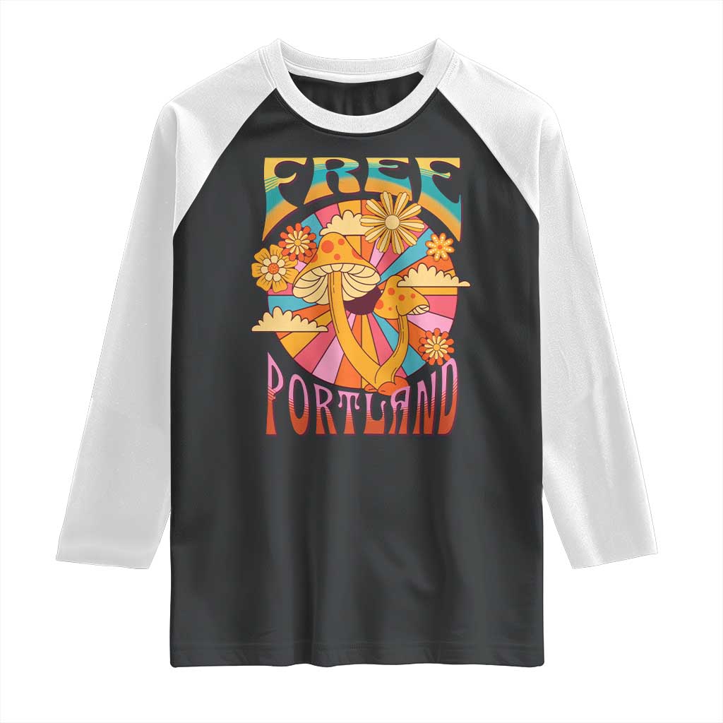 Retro Free Portland Patriotic Raglan Shirt Oregon Freedom Trippy 70s Mushroom Graphic - Wonder Print Shop