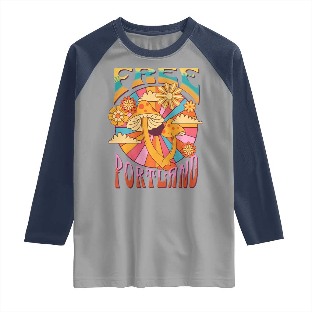 Retro Free Portland Patriotic Raglan Shirt Oregon Freedom Trippy 70s Mushroom Graphic - Wonder Print Shop